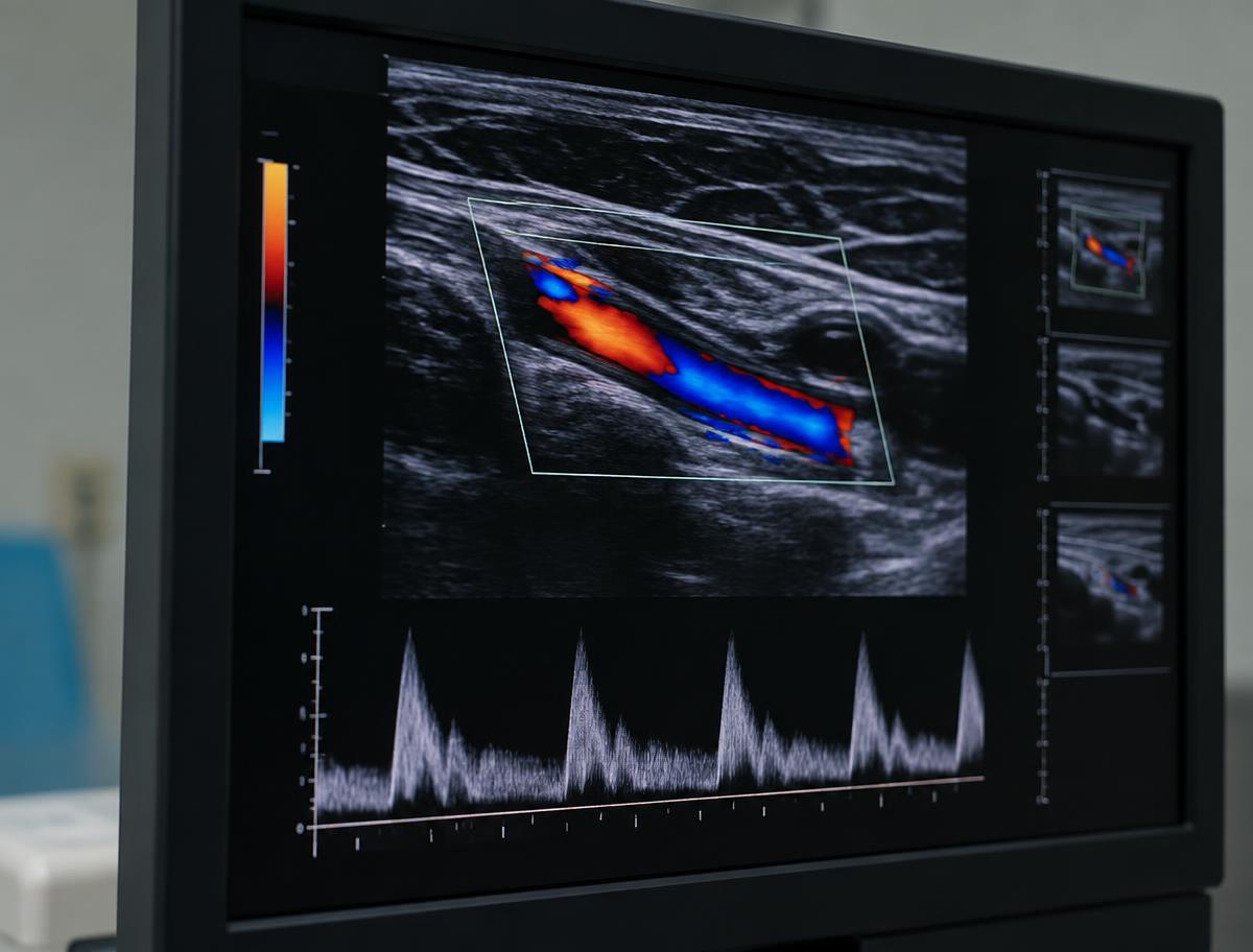 Monitor mostrando un estudio Doppler vascular en color